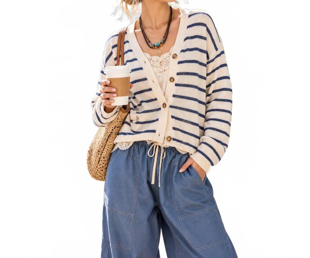 NEW LA MIEL coastal striped v-neck cardigan sweater in cream/navy